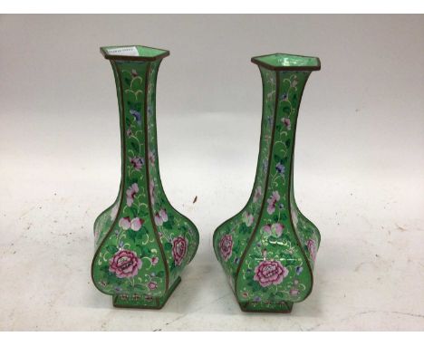 Pair Canton enamel green vases, of pentagonal form, 31.5cm high