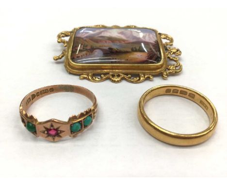 22ct gold wedding band, together with a 9ct gold dress ring and an enamelled brooch (3)Brooch- unmarked and weighs 7.5 grams.