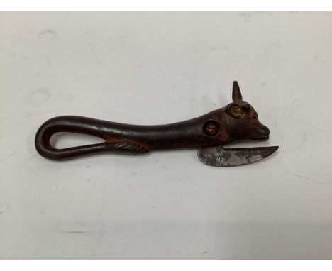 Olet tin opener in the form of a bull, together with a 'Little Duke' set of miniature playing cards, old spectacles, snuff bo