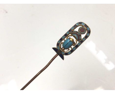 Egyptian Revival gold (stamped 585) hat pin with enamel scarab beetle decoration, 18cm longWeight 4.6 gramsPin length on its 