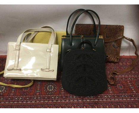 Box of vintage accessories including handbags, a pair of Victorian black lace up shoes, black silk crepe wrap, some shirt col
