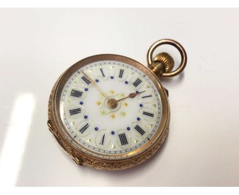Late 19th century Continental 14ct gold fob watch in engraved case, 3.5cm in diameterThe watch is fully wound and not running