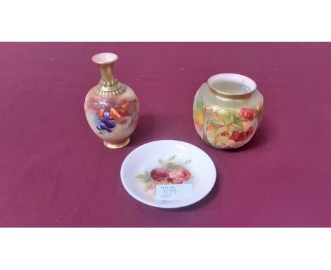 Three pieces of Royal Worcester - small dish with hand painted rose decoration, signed K Blake, 10cm diameter, vase with berr