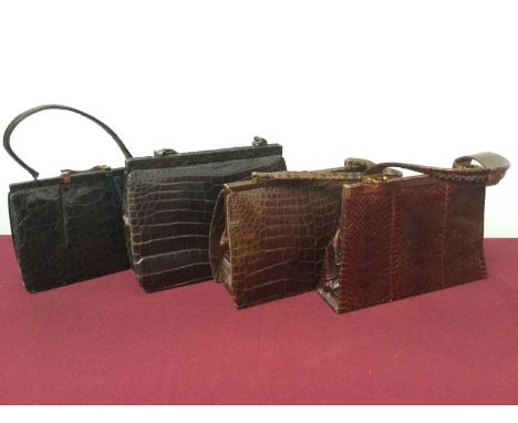 Group of vintage handbags including crocodile and lizard skin