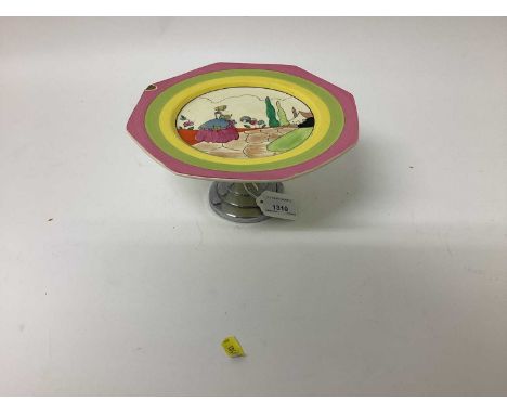 Clarice Cliff Bizarre range cake stand decorated in the Crinolin lady pattern, (chip to rim)