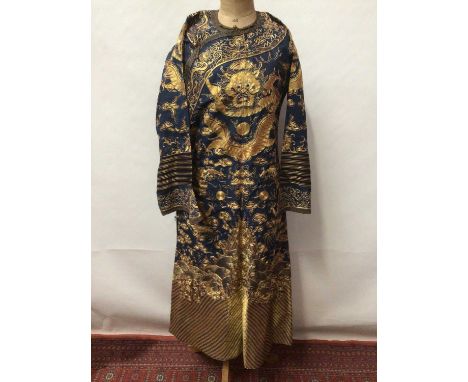 Chinese 1920s Dragon robe with horse hoof sleeves, metallic thread embroidery and metal button fastenings. Summer weight.