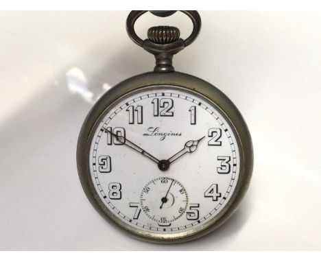 WWII period Longines pocket watch with white enamel dial, Arabic numerals and subsidiary seconds dial, 48mm diameter, movemen