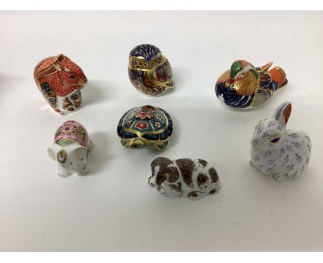 Seven Royal Crown Derby paperweights including Scruff, Ruby Indian Elephant, Terrapin, Snowy Rabbit etcAll in very good condi