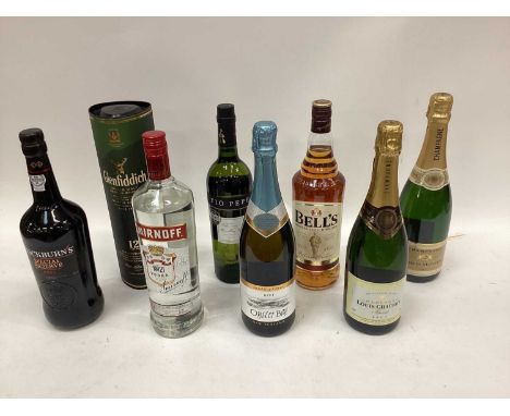 Group of alcohol, including port, scotch, champagne and vodka