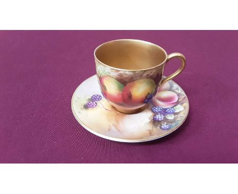 Royal Worcester cabinet cup and saucer with hand painted fruit decoration, signed Rushton and Everitt