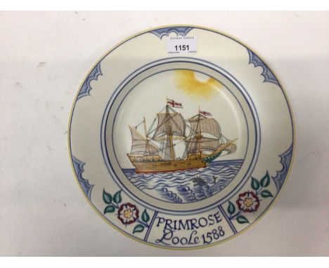 Poole pottery Primrose dish 1956, ship drawn by Arthur Bradbury and painted by Nellie Blackmore, 27cm diameter
