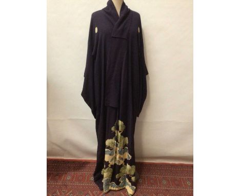 Ladies vintage clothing including blue crepe Japanese kimono, silk lined. Aquascutum mac size 14 R, Jaeger tweed cape size 38