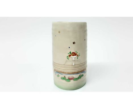 Clarice Cliff cylindrical vase with ribbed body, decorated with flowers and trees on beige ground, 13cm high