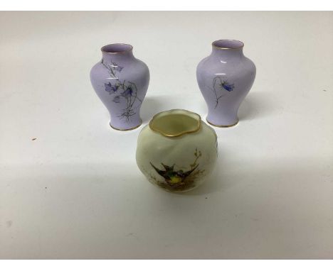 Pair of Royal Worcester vases with gilt rims and bluebell decoration, 10.5cm high, together with a small Royal Worcester vase