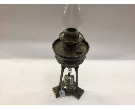 Belgian silver plated oil lamp, and another with cut glass reservoir (2)The larger oil lamp has overall wear to the plating a