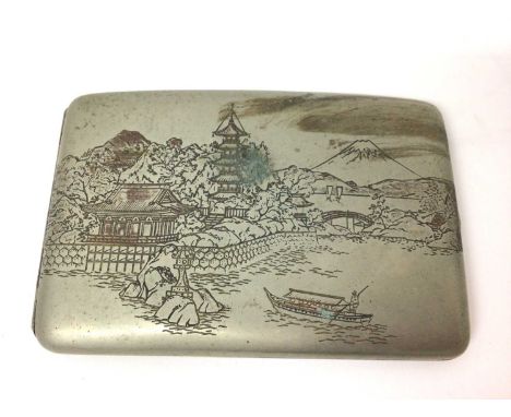 Chinese white metal (stamped sterling) cigarette case with engraved land/seascape decoration to both interior and exteriorWei