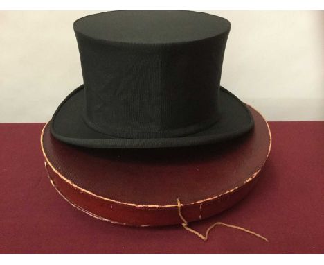 Group of antique , vintage and other hats to include silk stove pipe hat with curled brim by Pliable Consol, collapsible top 