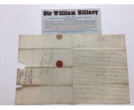 Sir William Hillary 1771 - 1847 Founder of the Royal National Lifeboat Institution signed letter. Dated 1817 addressed to Lor