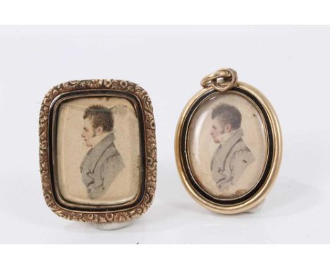 George IV yellow metal and black enamel mourning brooch and similar pendant, each containing a watercolour miniature on paper
