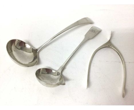 William IV silver sauce ladle (Dublin 1831), another Georgian silver ladle and pair novelty silver wishbone. Sugar nips (Birm