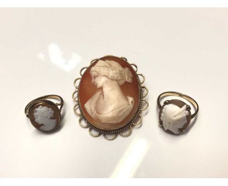 Carved shell oval cameo depicting a female bust in 9ct gold brooch setting and two 9ct gold cameo ringsBrooch weighs 11 grams