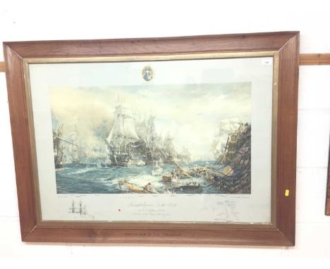 W. L. Wyllie, "Trafalgar 2.30 pm", print depicting the famous naval battle with key of the ships involved to the mount, in gl