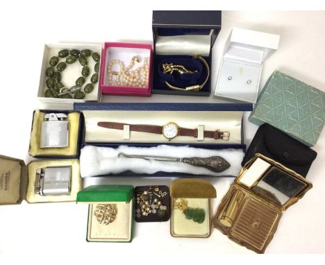 Group vintage costume jewellery, wristwatches, two Ronson lighters, silver handled button hook and Stratton lipstick/powder c