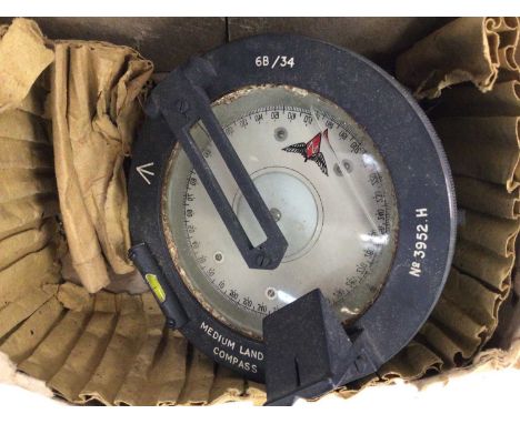 Two Medium Landing Compasses with broad arrow marks, one in a wooden case (2)
