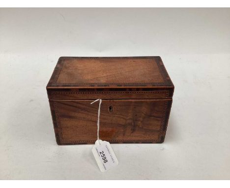 Victorian walnut tea caddy with banded decoration to edges, two-division interior, 18cm wide