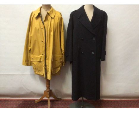 Ladies Yellow coated canvas mac size medium and Navy cashmere coat size 12 both by Aquascutum. A camel trench coat by Austin 