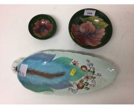 Two Moorcroft bowls and a Clarice Cliff leaf-shaped dish (3)