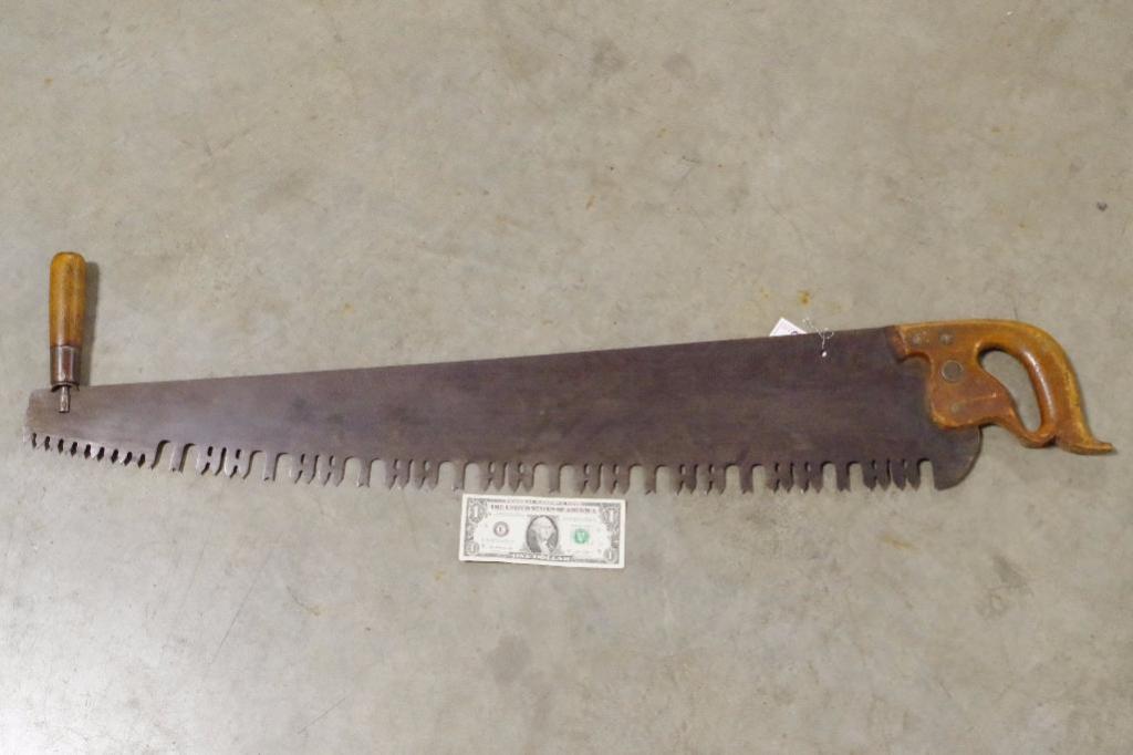 Vintage Cross Cut 1-Man Saw w/ 36" Blade & Wooden Handles, Stamped
