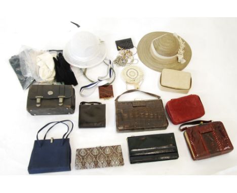 LADIES LEATHER ACCESSORIES AND COSTUME including; a snakeskin and two other vintage handbags, pair of long white kid gloves, 