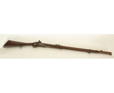 A PATTERN 1858 PERCUSSION TWO BAND MILITARY RIFLE having 33" full stocked barrel with ladder rear sight, steel ram rod, two s