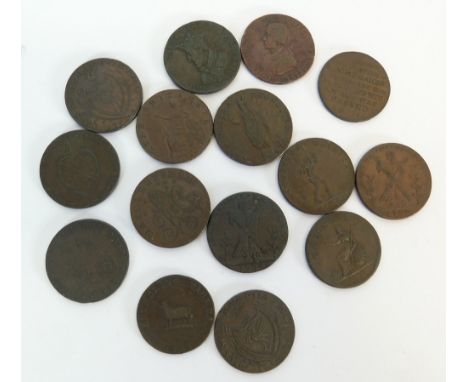 FIFTEEN MAINLY LATE 18TH CENTURY COPPER HALFPENNY TOKENS predominantly North of England to include Manchester halfpenny 1793 