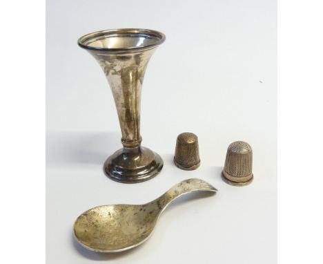 PLAIN SILVER CADDY SPOON, maker B. Torr, London 1977 and small WEIGHTED SILVER TRUMPET VASE, 3 1/4" (8.3CM) high, and TWO SIL