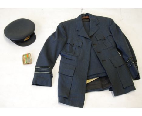 ROYAL AIR FORCE OFFICERS UNIFORM VIZ PEAK CAP with bullion badge, JACKET with three stripes to arm and label to pocket, hand 
