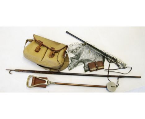 A LEATHER FLY WALLET containing some trout flies and others, a HARDY drawstring bag, and a BRADY HALESOWEN tackle bag, a GAFF