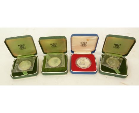 QUEEN ELIZABETH II PROOF SILVER CROWN COIN 1977 in hard plastic container and in plush lined Royal Mint box and THREE COMMEMO