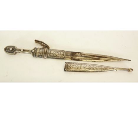 GOOD LATE NINETEENTH CENTURY CAUCASIAN KINDJAL, the broad 15 1/2" (39.4cm) pointed blade with broad fullers, each side of nar