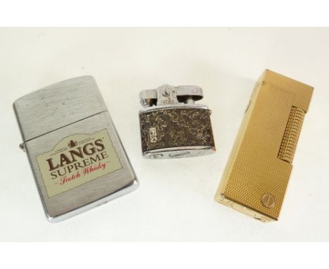 DUNHILL GOLD PLATED ENGINE TURNED POCKET CIGARETTE LIGHTER, A RODAN CIGARETTE LIGHTER AND A LANGO WHISKY ADVERTISTING CIGARET