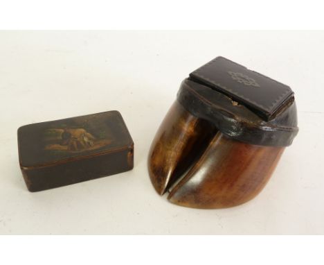 NINETEENTH CENTURY HORSES HOOF TABLE SNUFF BOX, the leather clad top inlet with black lacquer and white metal snuff box, 4 1/