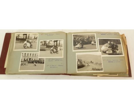 ALBUM OF BLACK AND WHITE AMATEUR PHOTOGRAPHS ACTION SHOTS FROM ISLE OF MAN TT circa 1955-1964 with good hand written annotati