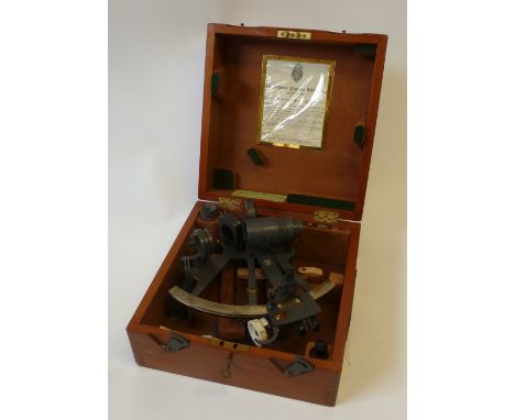 WORLD WAR II MAHOGANY CASED M. HUGHES AND SON. LTD. LONDON (Husun) BLACK JAPANNED AND SILVERED SEXTANT used by Commander R.  