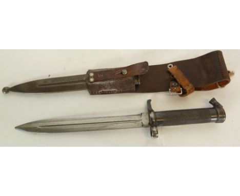 SWEDISH KNIFE BAYONET with single edge, 8 1/4" (21cm) blade, having tubular steel grip with engine turning, in METAL SCABBARD