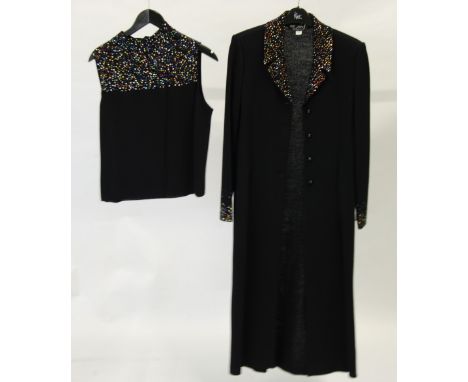 MARIE GRAY ST. JOHN BLACK WOOL/RAYON FULL LENGTH EVENING COAT with sequinned revered collar and cuffs, single breasted three 