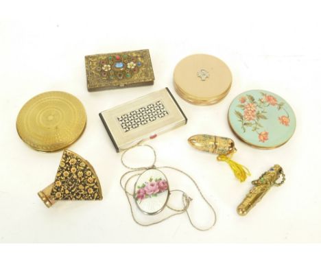 COTY, LADIES ELECTROPLATE AND BLACK ENAMEL POWDER COMPACT, oblong and engine turned with two internal compartments, EIGHT OTH