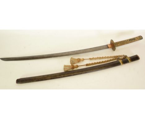 AGED JAPANESE LONG SWORD - DAITO having approx 29 1/2" long cutting edge to the Shinogi - Zuker shaped blade with ridge line,
