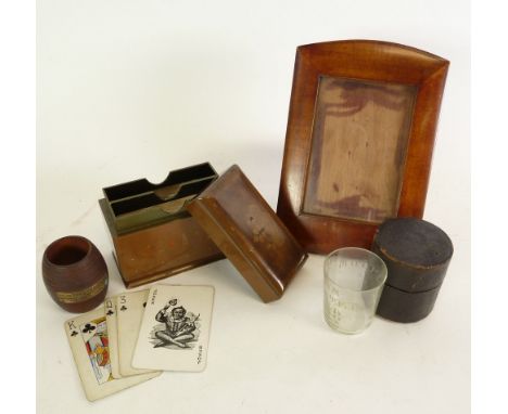 AN ORIENTAL LACQUERED PLAYING CARD BOX, with two sets of cards, A MEDICINE GLASS, IN MOROCCO CASE, A BARREL SHAPED MATCH HOLD