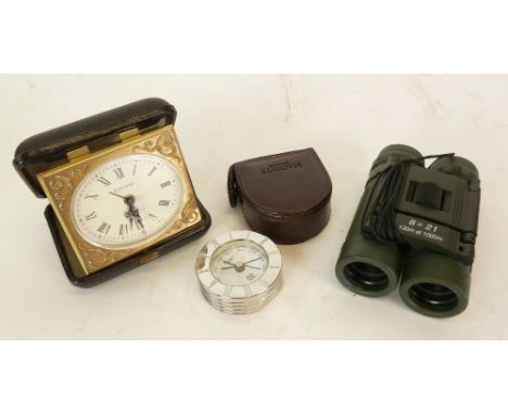 PAIR OF OPTISAN 8 x 21 GREEN RUBBER CLAD SMALL FOLDING BINOCULARS, in case, TOGETHER WITH AN ESTYMA FOLDING TRAVEL ALARM CLOC